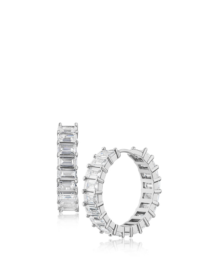 Emerald-Cut Cubic Zirconia Hoop Earrings in Rhodium-Plated Brass, photo 1