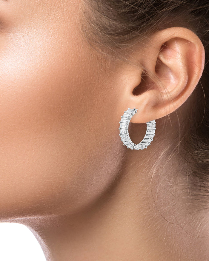 Emerald-Cut Cubic Zirconia Hoop Earrings in Rhodium-Plated Brass, photo 2