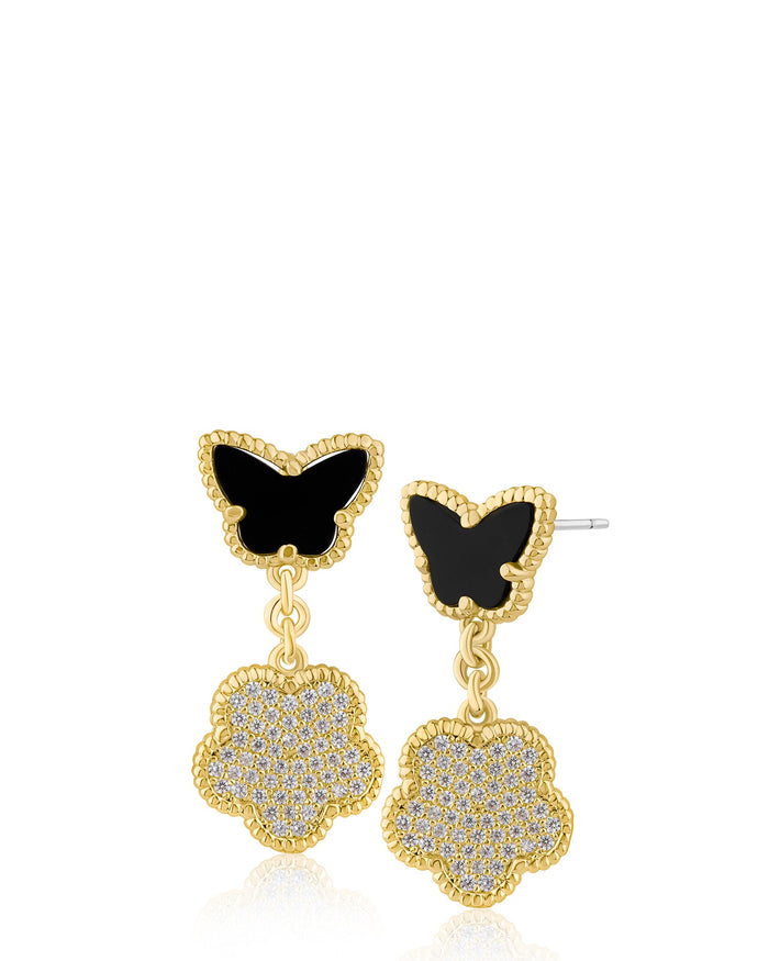 Aretes colgantes de mariposa y trébol con zirconias cúbicas en engaste pavé en latón bañado en oro o en oro rosa, foto 2
