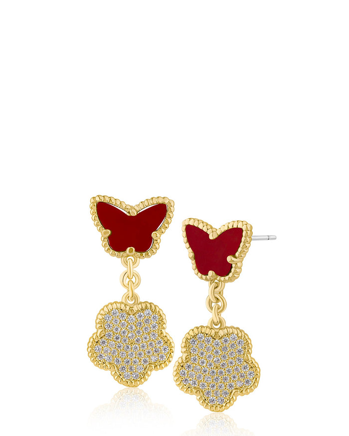 Aretes colgantes de mariposa y trébol con zirconias cúbicas en engaste pavé en latón bañado en oro o en oro rosa, foto 4