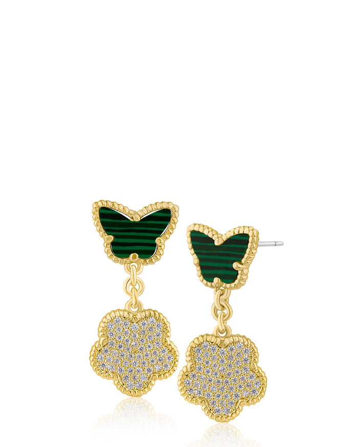 Aretes colgantes de mariposa y trébol con zirconias cúbicas en engaste pavé en latón bañado en oro o en oro rosa, foto 6