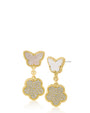Aretes colgantes de mariposa y trébol con zirconias cúbicas en engaste pavé en latón bañado en oro o en oro rosa, foto 1