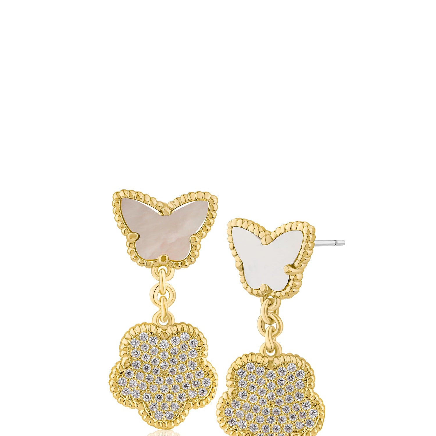 Aretes colgantes de mariposa y trébol con zirconias cúbicas en engaste pavé en latón bañado en oro o en oro rosa, foto 1