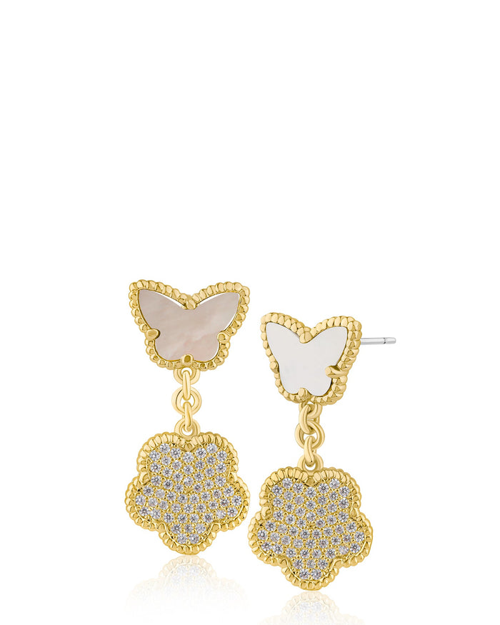 Aretes colgantes de mariposa y trébol con zirconias cúbicas en engaste pavé en latón bañado en oro o en oro rosa, foto 1