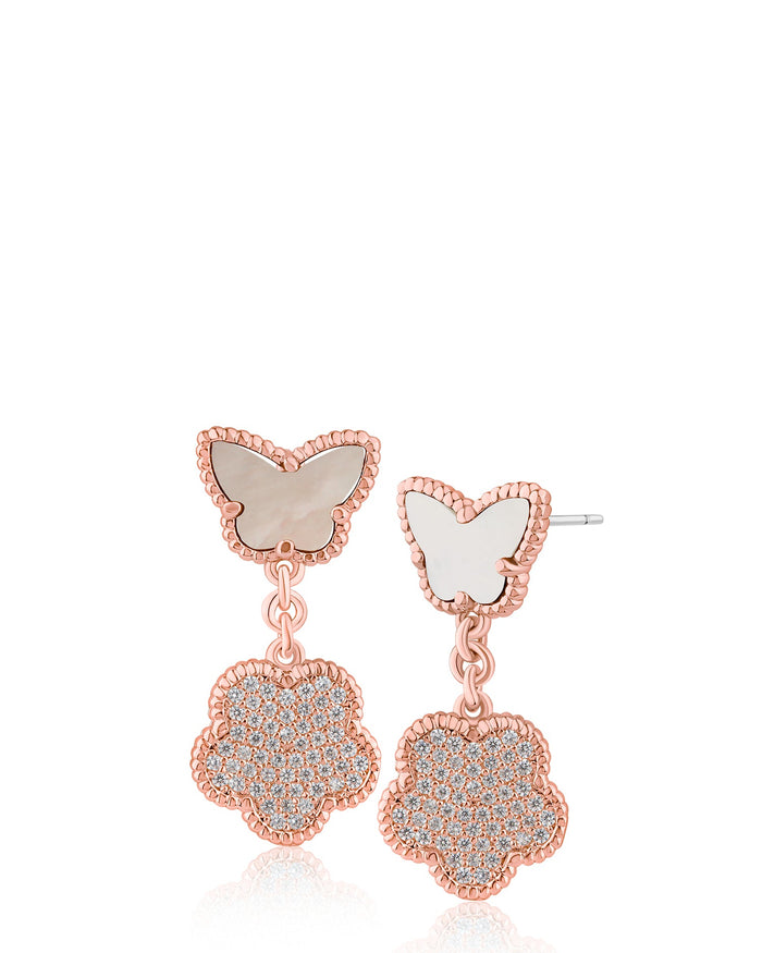 Aretes colgantes de mariposa y trébol con zirconias cúbicas en engaste pavé en latón bañado en oro o en oro rosa, foto 7