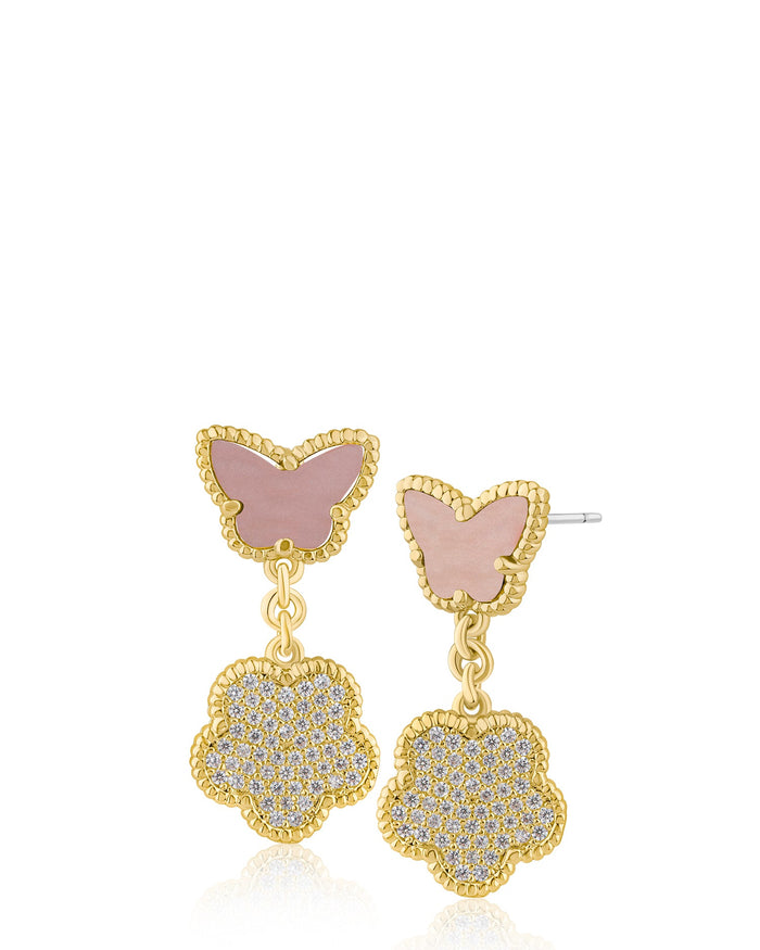 Aretes colgantes de mariposa y trébol con zirconias cúbicas en engaste pavé en latón bañado en oro o en oro rosa, foto 3
