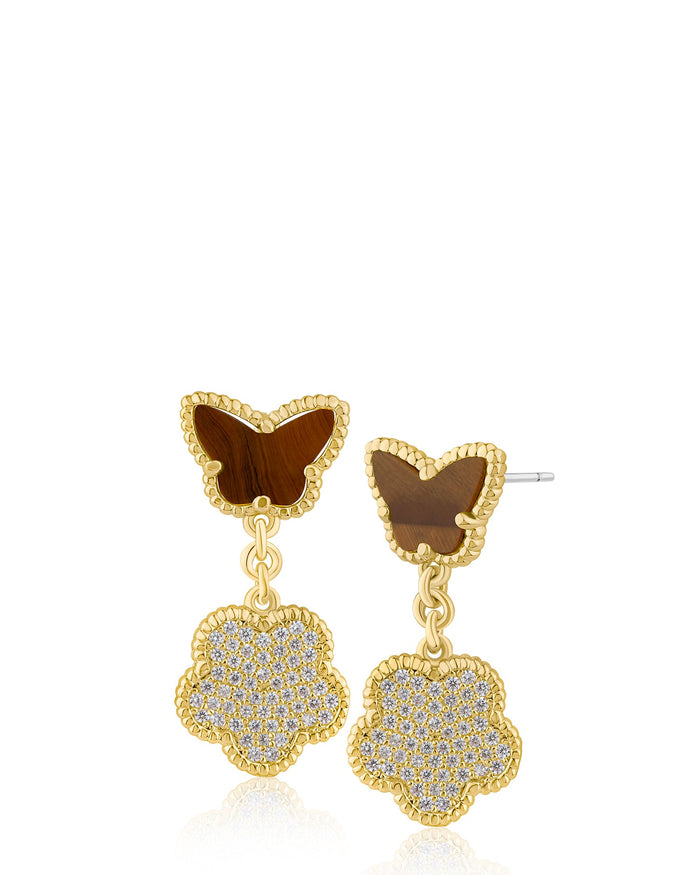 Aretes colgantes de mariposa y trébol con zirconias cúbicas en engaste pavé en latón bañado en oro o en oro rosa, foto 5