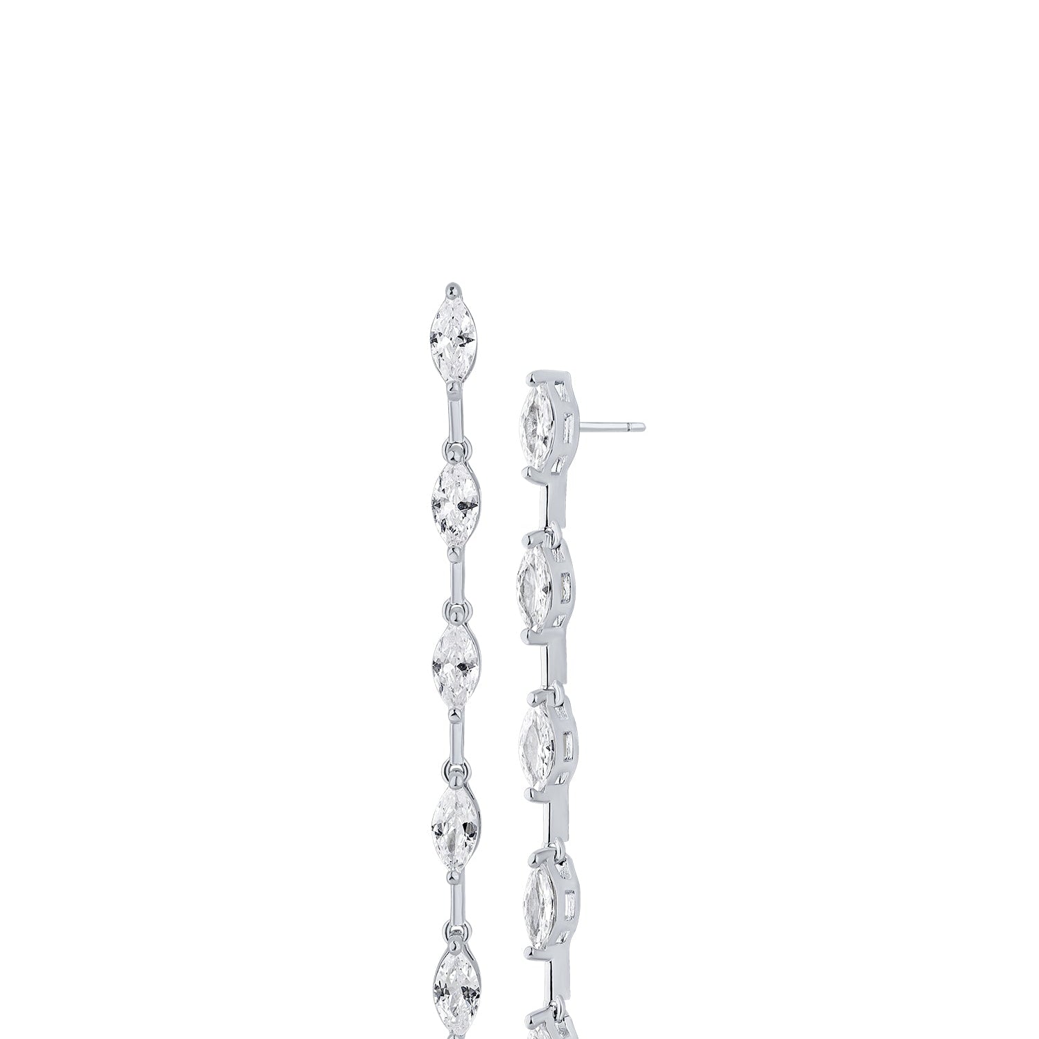 Aretes colgantes lineales estilizados con zirconias cúbicas talla marquesa en latón bañado en rodio, foto 1