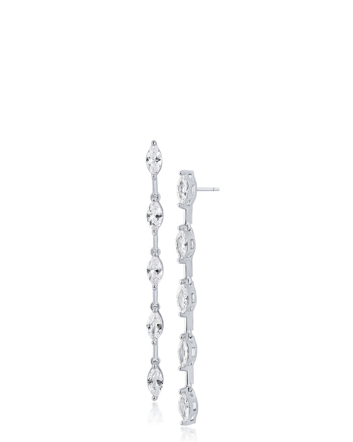 Aretes colgantes lineales estilizados con zirconias cúbicas talla marquesa en latón bañado en rodio, foto 1