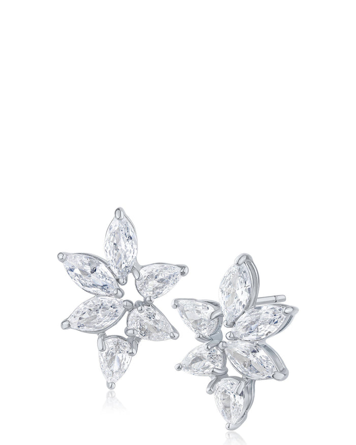 Aretes de racimo floral con zirconias cúbicas talla marquesa y pera en latón bañado en rodio, foto 1
