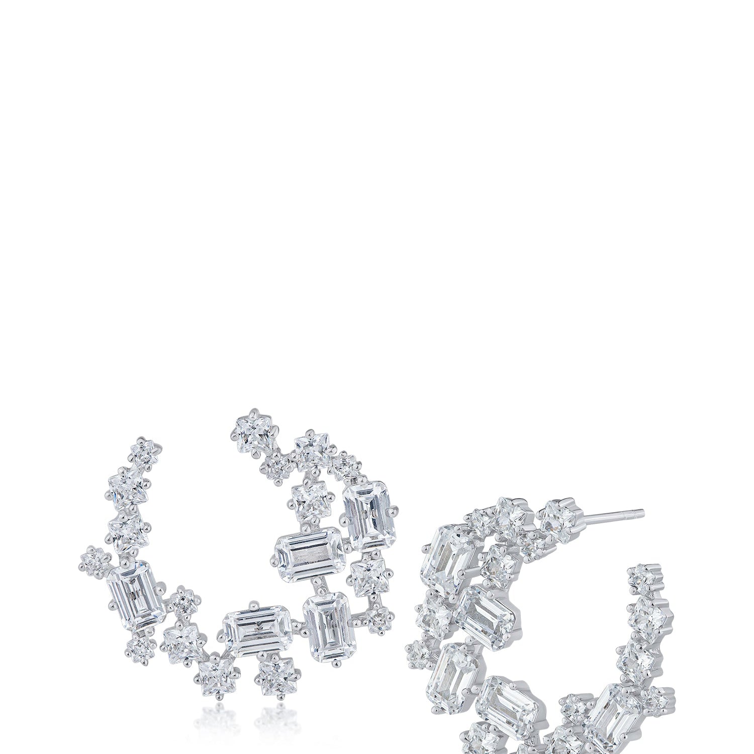 Round and Emerald-Cut Cubic Zirconia Hoop Earrings in Rhodium-Plated Brass, photo 1