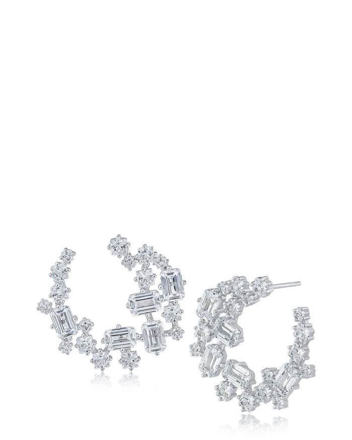 Round and Emerald-Cut Cubic Zirconia Hoop Earrings in Rhodium-Plated Brass, photo 1