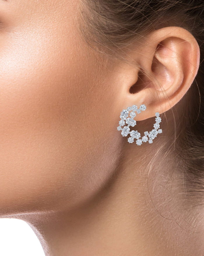 Round and Emerald-Cut Cubic Zirconia Hoop Earrings in Rhodium-Plated Brass, photo 2