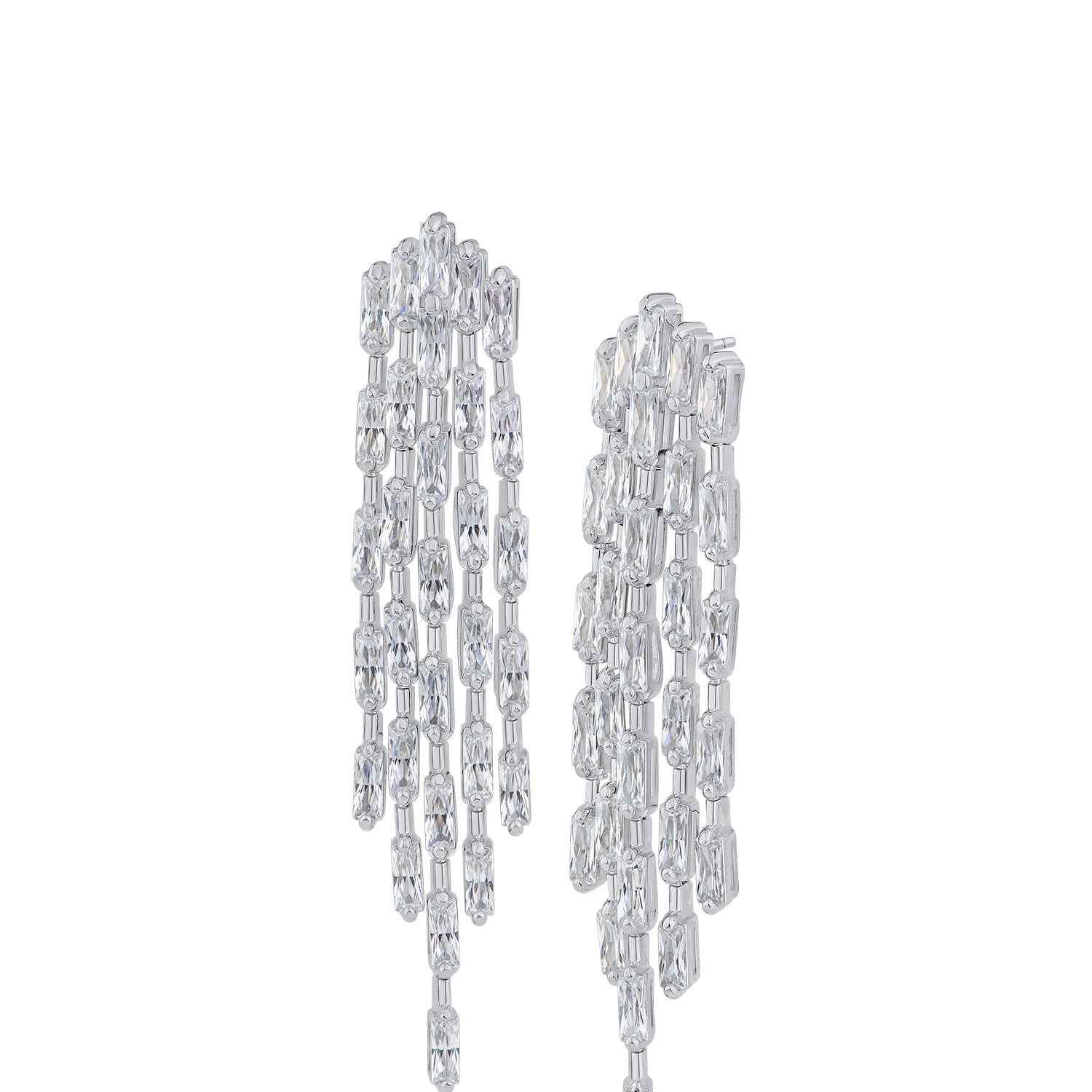 Aretes colgantes de flecos con zirconias cúbicas baguette en latón bañado en rodio, foto 1