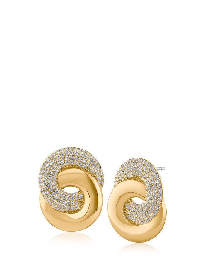 Pavé Cubic Zirconia Double Round Link Drop Earrings in Gold-Plated Brass, photo 1