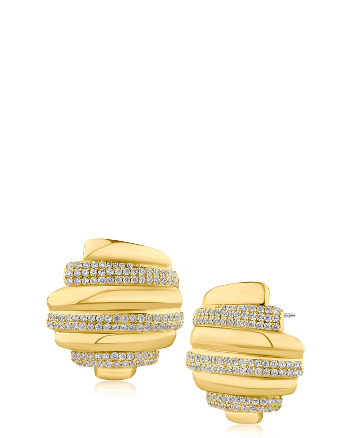 Aretes de botón con zirconias cúbicas en engaste pavé alternado en latón bañado en oro, foto 1