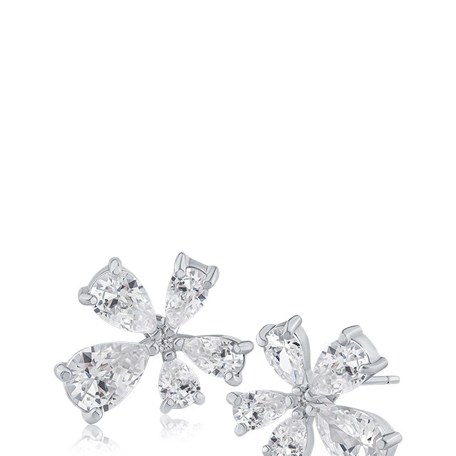 Pear Cubic Zirconia Floral Stud Earrings in Rhodium-Plated Brass, photo 1