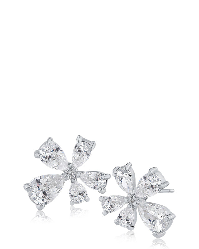 Pear Cubic Zirconia Floral Stud Earrings in Rhodium-Plated Brass, photo 1