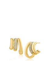 Pavé Cubic Zirconia and Polished Triple Hoop Earrings in Gold-Plated Brass