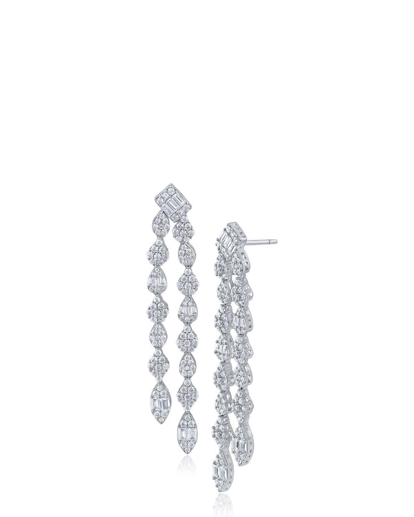 Rhodium-Plated Baguette and Pavé Cubic Zirconia Double Row Deco Drop Earrings, photo 1
