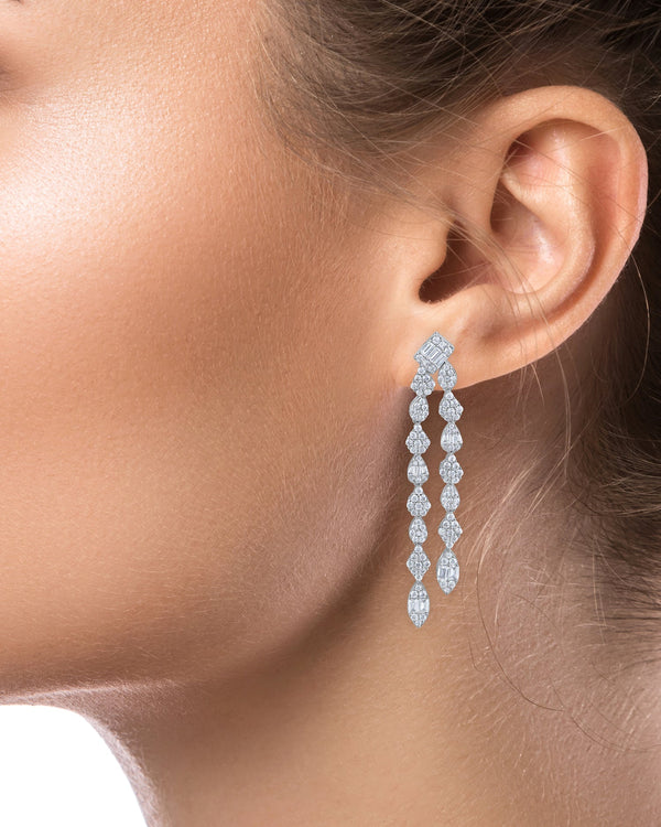 Rhodium-Plated Baguette and Pavé Cubic Zirconia Double Row Deco Drop Earrings, photo 2