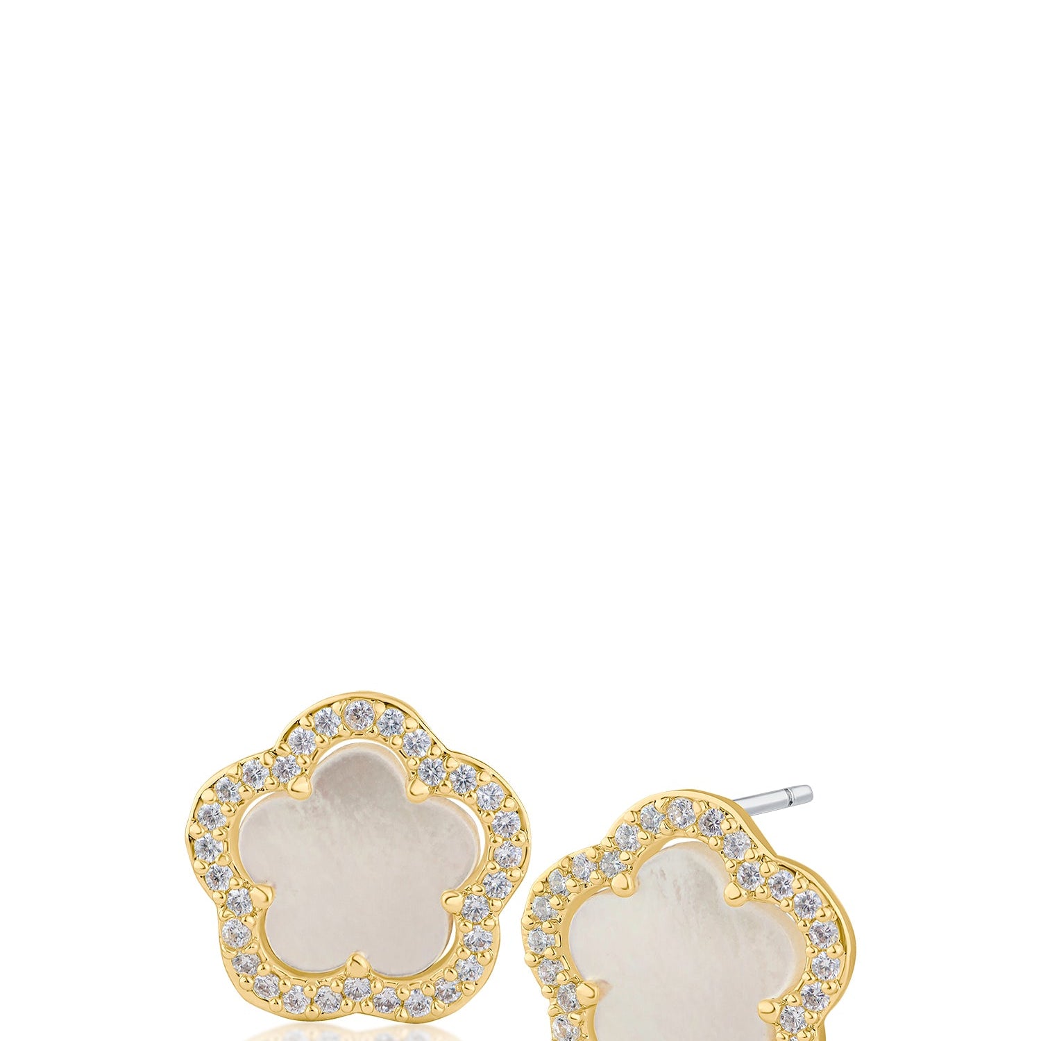 Pavé Cubic Zirconia Clover Stud Earrings in Gold-Plated Brass, photo 1