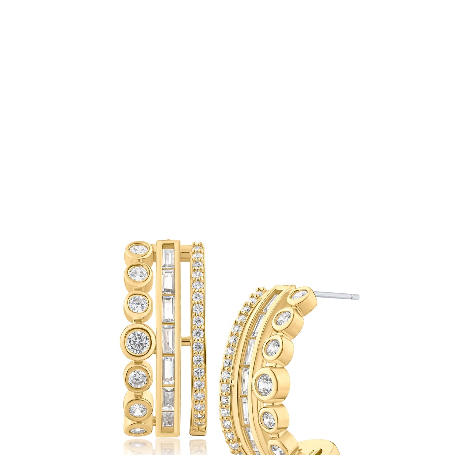 Baguette and Round Cubic Zirconia Bezel Triple Row Hoop Earrings in Plated Brass, photo 1