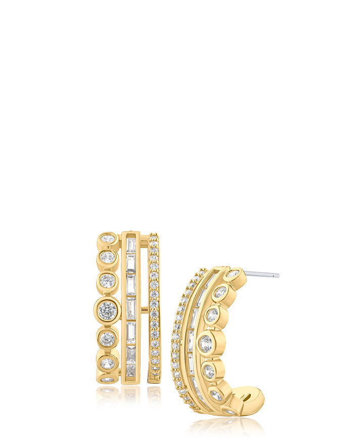 Baguette and Round Cubic Zirconia Bezel Triple Row Hoop Earrings in Plated Brass, photo 1