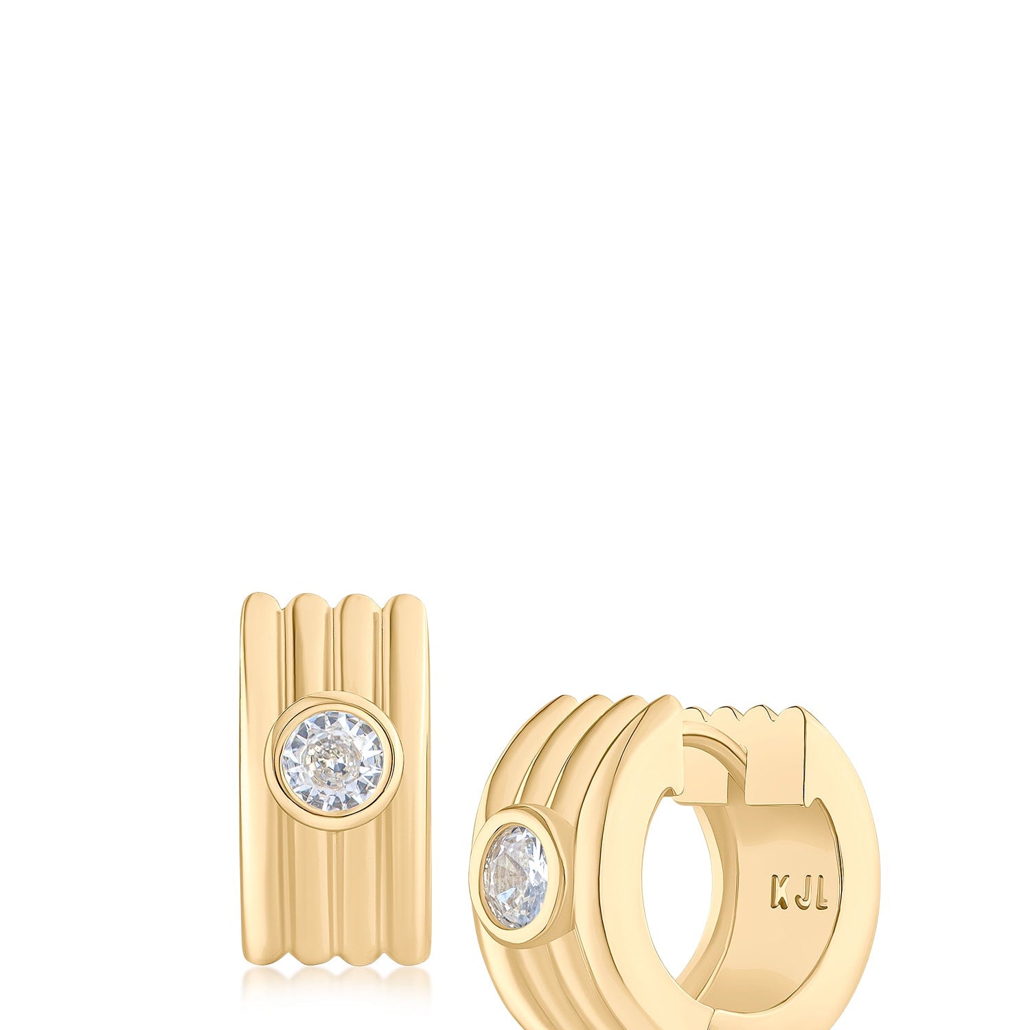 Aretes de aro Huggie acanalados con zirconia cúbica en engaste de bisel en latón bañado en oro, foto 1