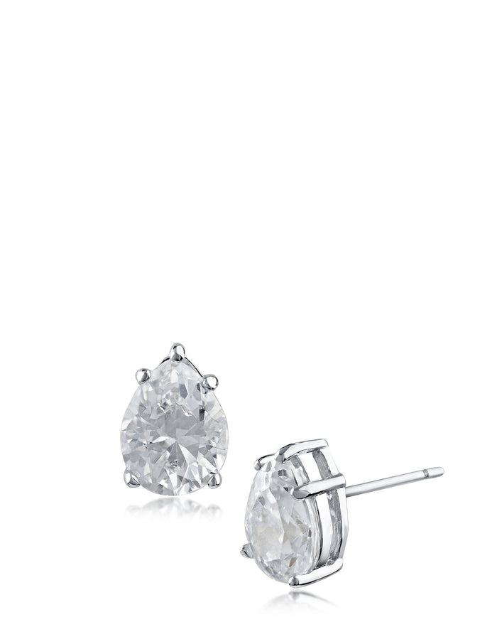 Aretes de botón con zirconia cúbica en forma de pera en engaste de garras en latón bañado en rodio, foto 1