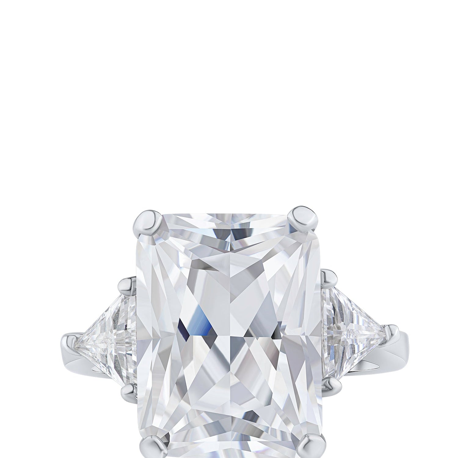 Emerald-Cut Cubic Zirconia Ring with Trillion Side Stones in Sterling Silver, photo 1