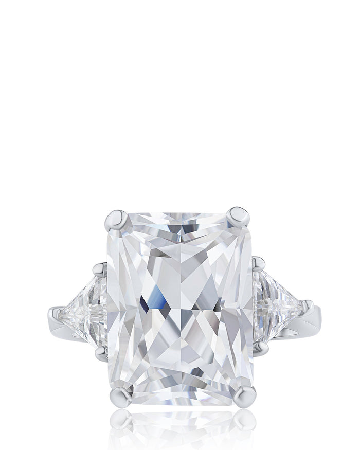 Emerald-Cut Cubic Zirconia Ring with Trillion Side Stones in Sterling Silver, photo 1