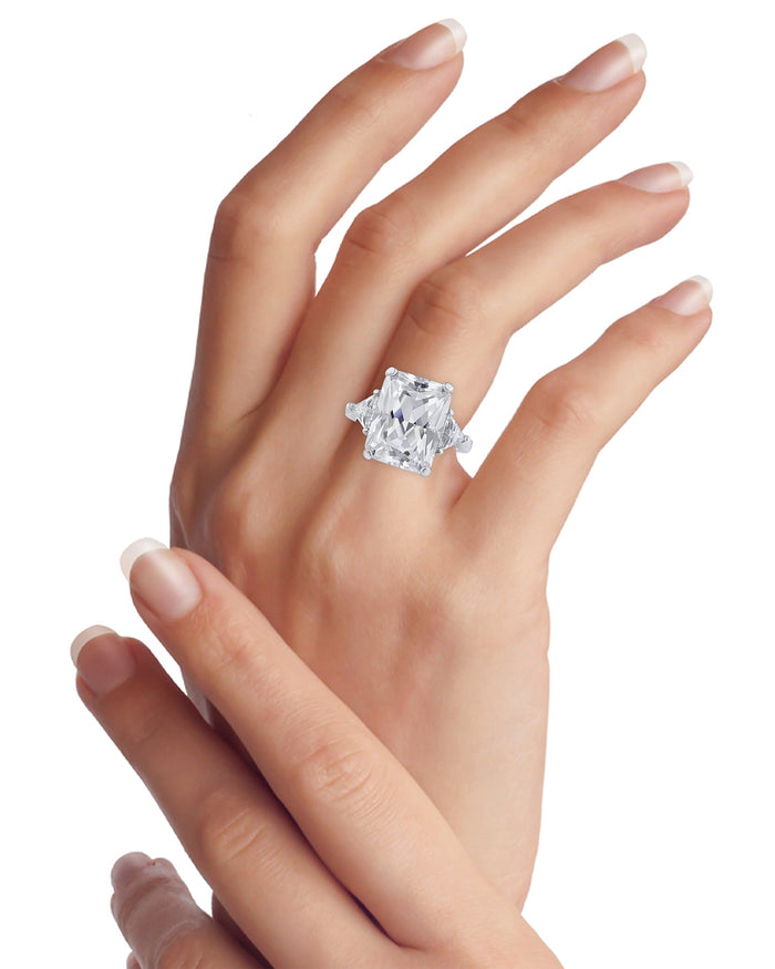 Emerald-Cut Cubic Zirconia Ring with Trillion Side Stones in Sterling Silver, photo 2