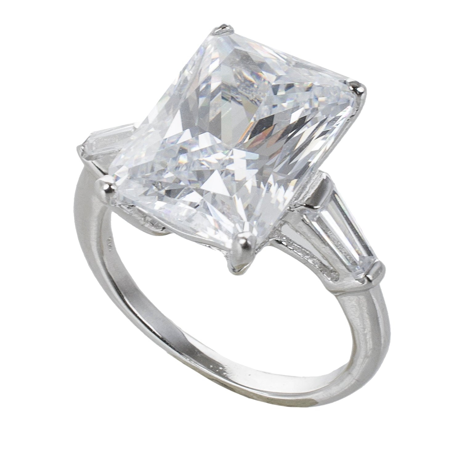 Emerald-Cut Cubic Zirconia Ring with Tapered Baguettes in Sterling Silver, photo 1