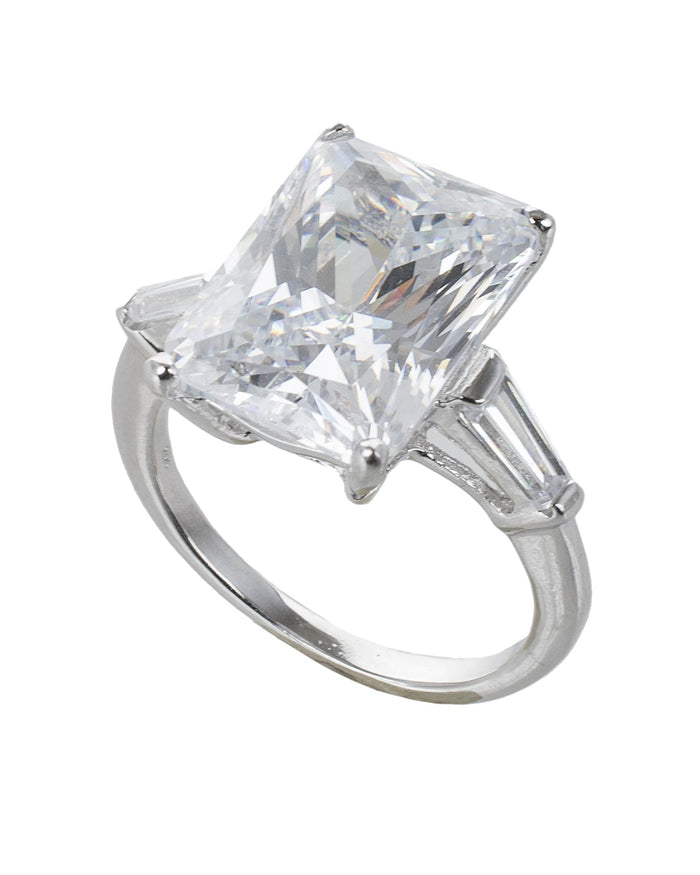 Emerald-Cut Cubic Zirconia Ring with Tapered Baguettes in Sterling Silver, photo 1