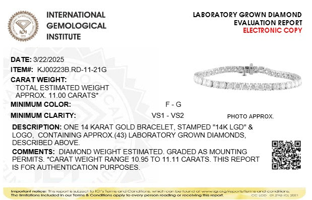 Pulsera tenis certificada IGI con diamantes cultivados en laboratorio de 11 ct. p.t. en oro blanco de 14K, foto 9