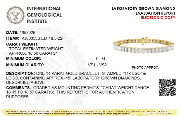 Pulsera tenis certificada IGI con diamantes cultivados en laboratorio de 18 1/2 ct. p.t. en oro amarillo de 14K, foto 5