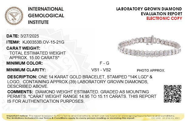 18 1/2 Ct. T.W. IGI Certified Oval-Cut Lab-Grown Diamond Tennis Bracelet in 14K Gold, photo 10
