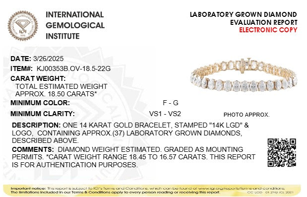 18 1/2 Ct. T.W. IGI Certified Oval-Cut Lab-Grown Diamond Tennis Bracelet in 14K Gold, photo 9