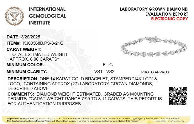 Pulsera tenis certificada IGI con diamantes pera cultivados en laboratorio de 8 ct. p.t. en oro blanco de 14K, foto 9