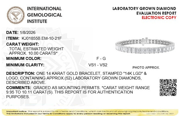 Pulsera tenis certificada IGI con diamantes cultivados en laboratorio de 10 ct. p.t. en oro blanco de 14K, foto 5