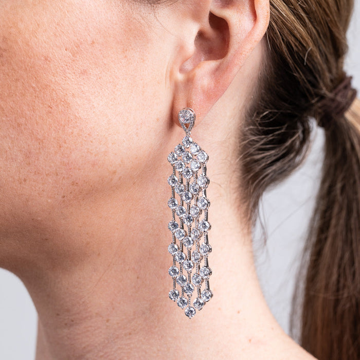 Aretes colgantes de flecos con zirconias cúbicas redondas en latón bañado en rodio, foto 2
