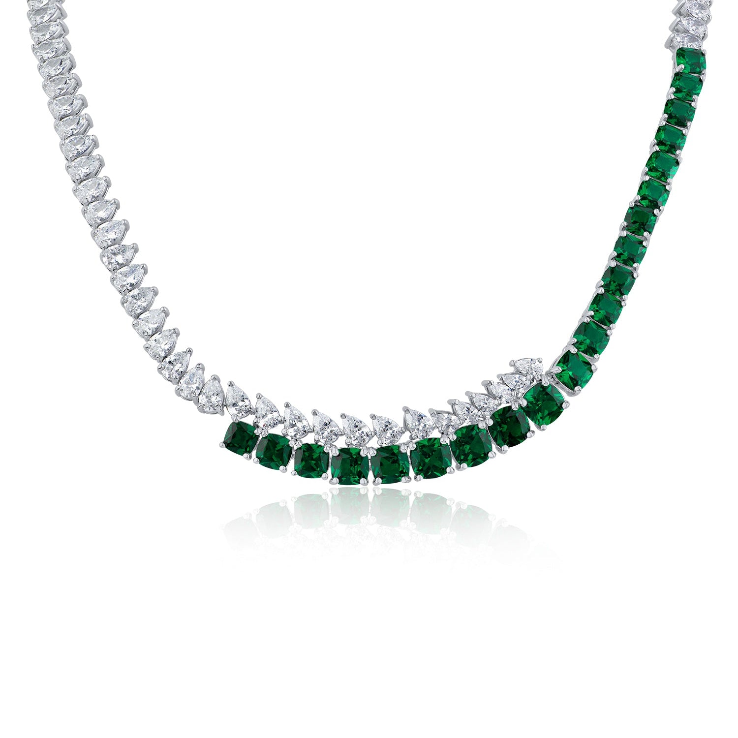 Round Green and Pear Cubic Zirconia Overlapping Necklace in Rhodium-Plated Brass, photo 1
