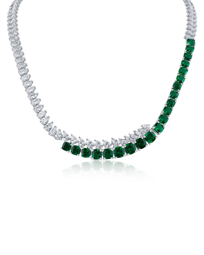 Round Green and Pear Cubic Zirconia Overlapping Necklace in Rhodium-Plated Brass, photo 1