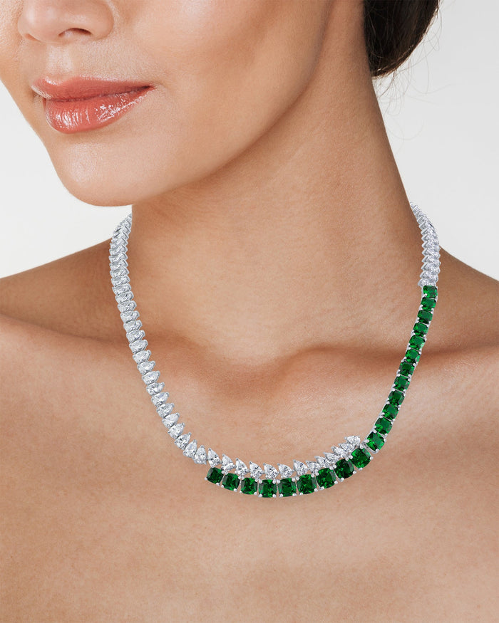 Round Green and Pear Cubic Zirconia Overlapping Necklace in Rhodium-Plated Brass, photo 2