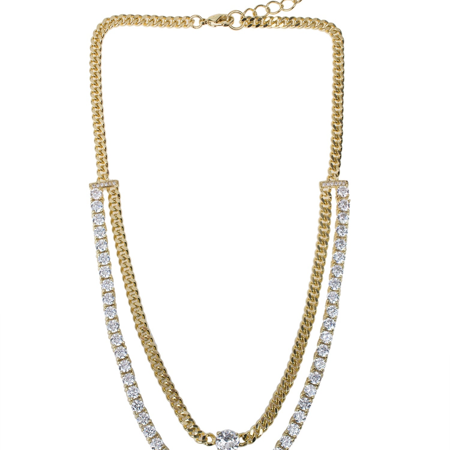 Collar de doble hilo con zirconias cúbicas redondas y cadena barbada en latón bañado en oro, foto 1