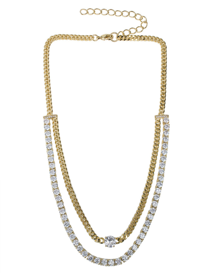 Collar de doble hilo con zirconias cúbicas redondas y cadena barbada en latón bañado en oro, foto 1