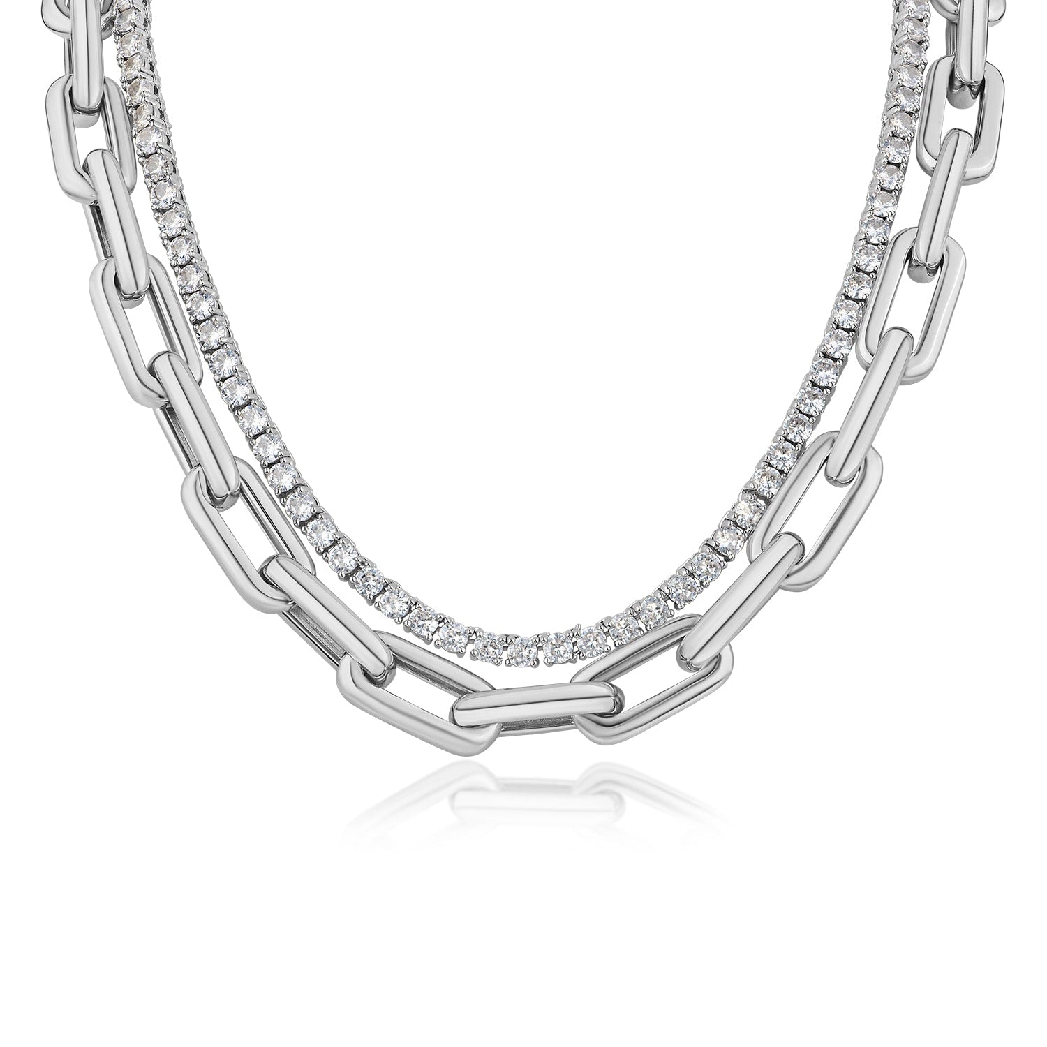 Collar de dos hileras tenis y cadena gruesa con zirconias cúbicas en latón bañado en rodio, foto 1
