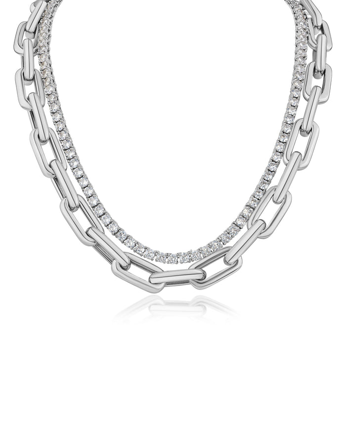 Collar de dos hileras tenis y cadena gruesa con zirconias cúbicas en latón bañado en rodio, foto 1