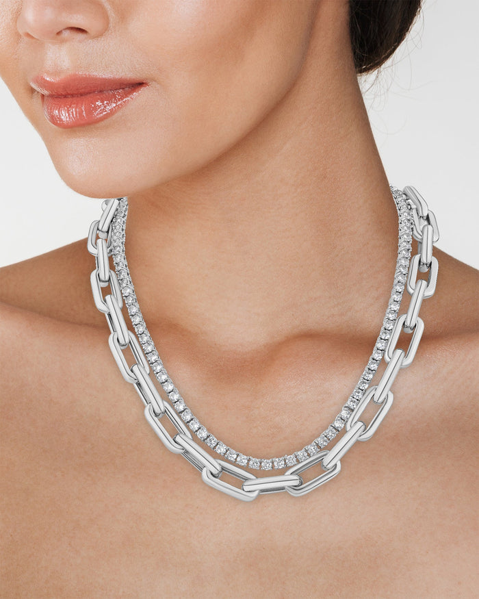 Collar de dos hileras tenis y cadena gruesa con zirconias cúbicas en latón bañado en rodio, foto 2